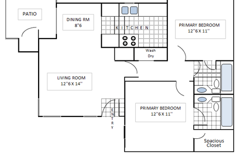 Floor plan for 2 beds, 2 baths, 900 sqft